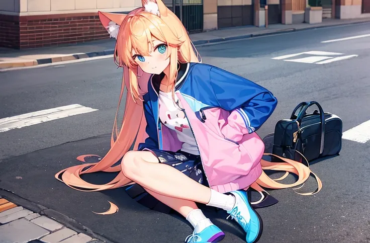 Kizi, beautiful and beautiful, nova, lovely gaze, overskirt, jaket, shirt with print, long two-color socks, Cats ears, defined body, in the middle of the street