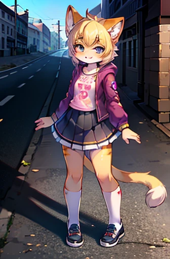 Kizi, beautiful and beautiful, nova, lovely gaze, overskirt, jaket, shirt with print, long two-color socks, Cats ears, defined body, in the middle of the street
