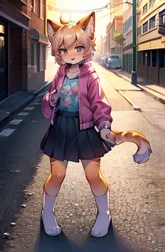 Kizi, beautiful and beautiful, nova, lovely gaze, overskirt, jaket, shirt with print, long two-color socks, Cats ears, defined body, in the middle of the street
