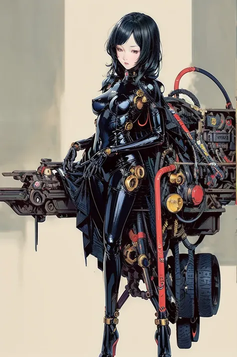 highest quality,masterpiece,ultra-high resolution,mechanical，cruel machine girl、karakuri doll、mixing tube、thin black latex suit,...