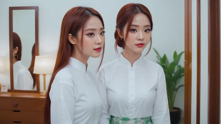 a woman with red hair and a white shirt is looking at a mirror, quy ho, dang my linh, ao dai, bao phan, ngai victo, trailer, ins...