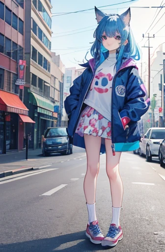 Kizi, beautiful and beautiful, nova, lovely gaze, overskirt, jaket, shirt with print, long two-color socks, Cats ears, defined body, in the middle of the street
