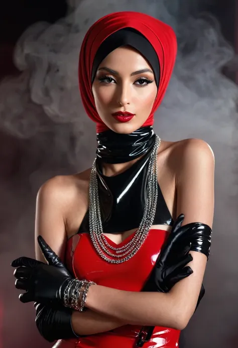 sexy naked. a very thin model. latex hijab. shiny steel bracelets on top of black gloves. and shiny steel bracelet necklaces are...