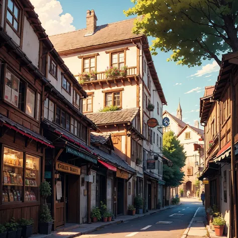 anime background, anime wallpaper, anime, anime style, lofi, lofi style, medieval street, mountains, uphill, medieval architecture, medieval convenience store, big retro medieval shop signs, retro medieval store, trees, plants, rocks, plant pots, shop sign...