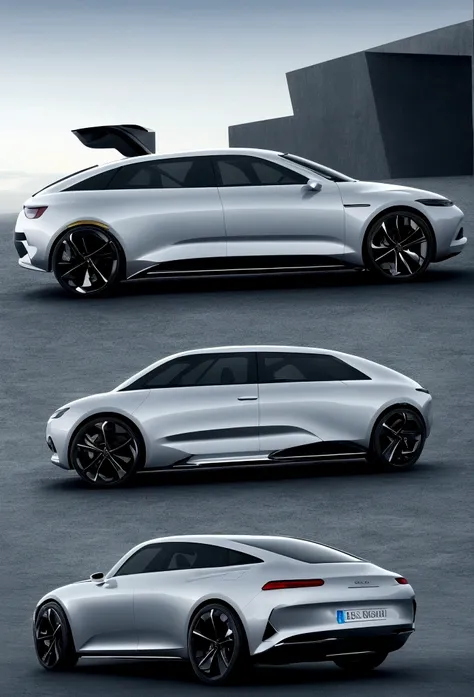 a 4-door coupe car, futuristic and dynamic style, with simple background