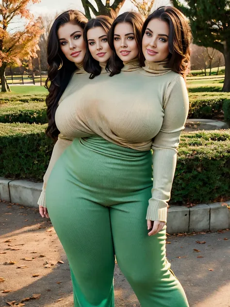 3heads, woman, irish, in a sweater and long pants, posing in a park around nature, cold outside, curvy hourglass figure, beautif...