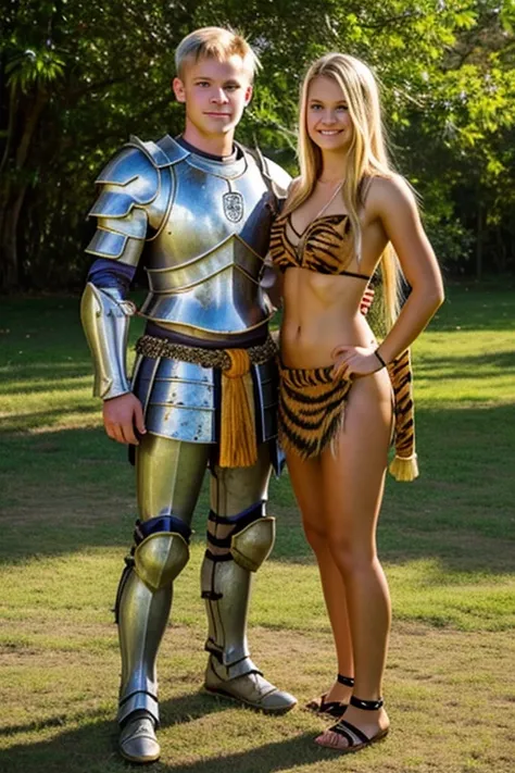 beautiful 16 year old blond girl wearing a revealing tiger skin toga and grass skirt with her arms around a young armored knight standing by her side