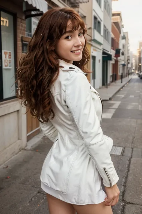 A 30-year-old American girl, white skin (body like Leana Lovings) and 15 centimeters long very curly red hair. Curly hair, wind curled bangs, highly detailed face, 8k, full body with almost curly wavy hair ((curly hair)), medium complexion body, cute smile...