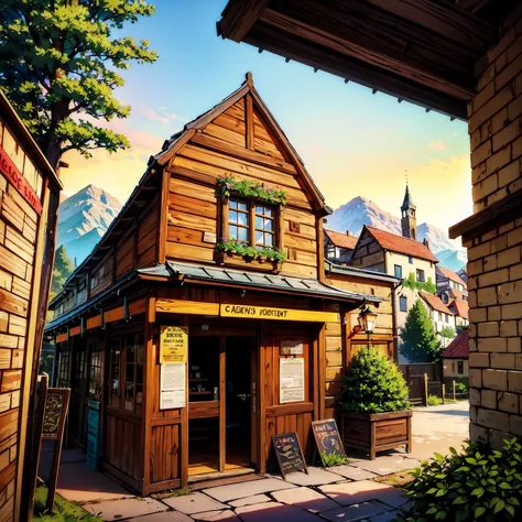 anime background, anime wallpaper, anime, anime style, lofi, lofi style, medieval street, mountains, uphill, medieval architecture, medieval convenience store, big retro medieval shop signs, retro medieval store, trees, plants, rocks, plant pots, shop sign...