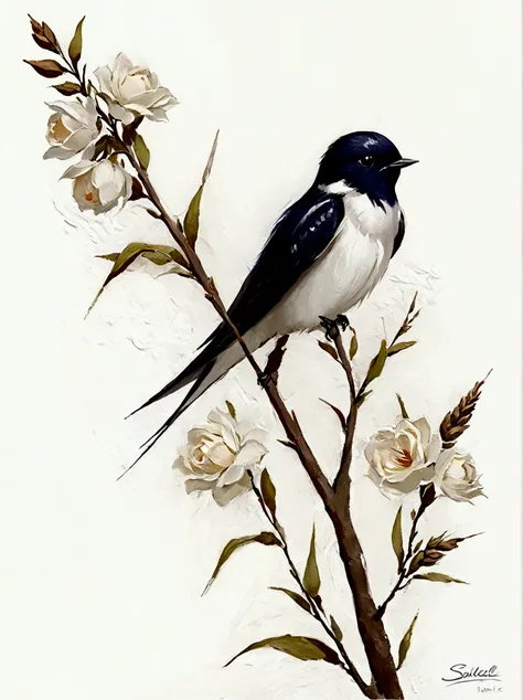 willow，swallow，color，Perfect proportion，symmetry，vanilla，bright，White background，real，emotion，Thick textured paint, 