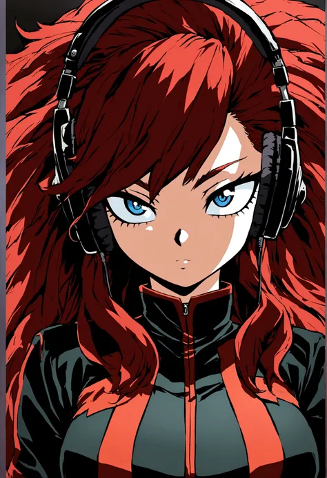 My hero academia anime art style, 16 year old girl, dark red volumious long layered hair, blue eyes fox eye shape with eyeliner, my hero academia uniform clothing, edgy mysterious vibe, intense innocent beauty, headphones, very pretty