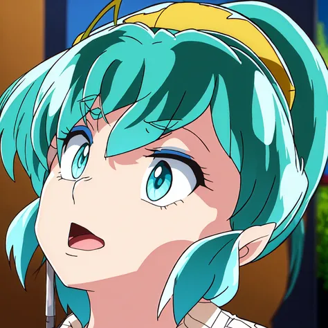 score_9, score_8_up, score_7_up, score_6_up, source_anime, 1girl, solo, lum, long hair, bangs, green hair, blue eyes, tiny horns, aqua hair, eyeshadow, a girl wearing a bee costume, antennae headband, black leotard, fishnet pantyhose, wrist cuffs, fake ins...