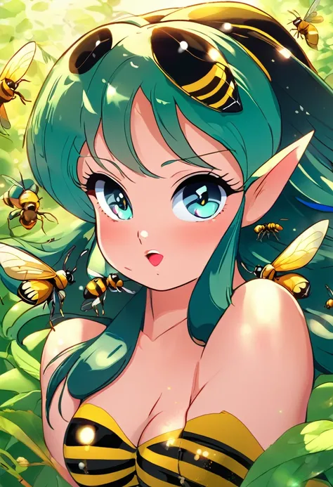 score_9, score_8_up, score_7_up, score_6_up, source_anime, 1girl, solo, lum, long hair, bangs, green hair, blue eyes, tiny horns, aqua hair, eyeshadow, a girl wearing a bee costume, antennae headband, black leotard, fishnet pantyhose, wrist cuffs, fake ins...