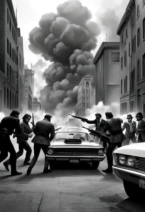 (realistic image, rich in details) war, civil war, in the middle of the city, large buildings, fight between gangs, gangsters from the 70s, machine guns, vintage cars, 70s, rival groups, exchange of shots, explosive scenery, explosion , smoke, monochromati...