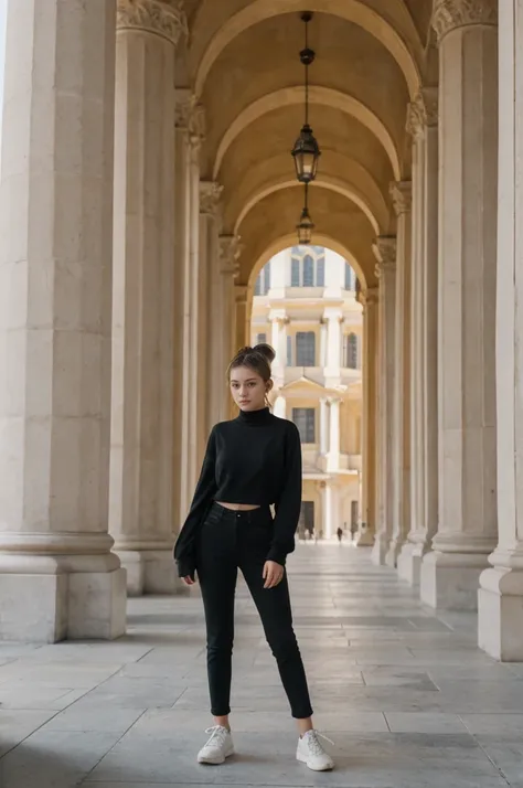 her name is An, high quality, 1girl, ((20-year-old fit Caucasian woman)), ((20 years old)), ((fit)), ((hair in a bun)), pose: standing, wearing dark colored unique edgy gen Z modern wear, BACKGROUND: Your residence is a neoclassical building with grand col...