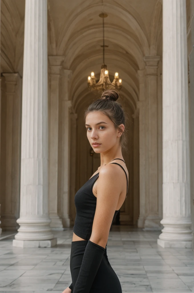 her name is An, high quality, 1girl, ((20-year-old fit Caucasian woman)), ((20 years old)), ((fit)), ((hair in a bun)), pose: standing, wearing dark colored unique edgy gen Z modern wear, BACKGROUND: Your residence is a neoclassical building with grand col...