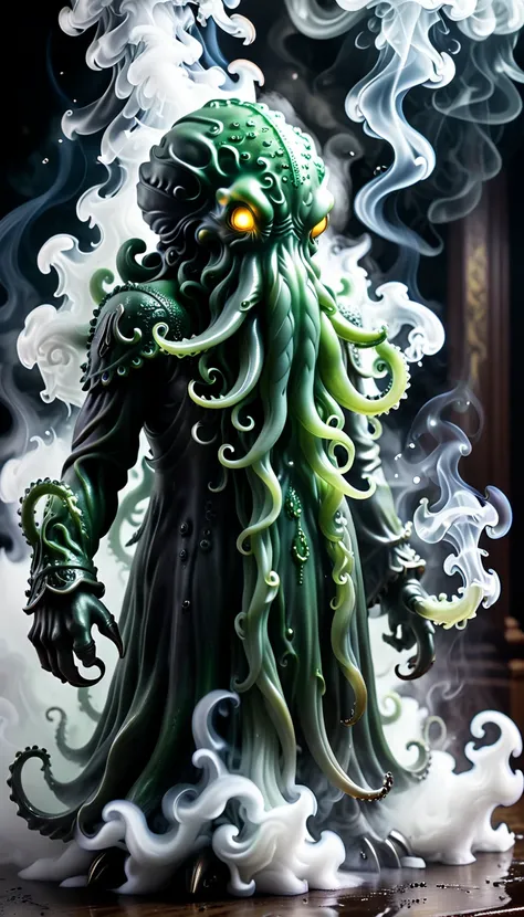 The image features a smoke-like representation of a Cthulhu figure, which appears to be a white and gray Cthulhu figure. The smoke is billowing upwards, creating a visually striking and artistic effect. The smoke is so dense and well-formed that it resembl...