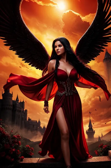 an angel woman, long flowing black hair, wearing a flowing red gown, flying over a castle in Hell, fantasy lighting, bright atmosphere,