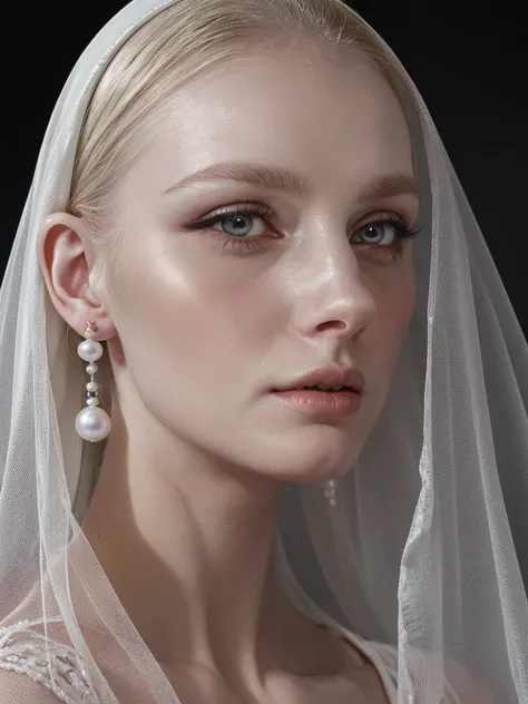 a blonde woman wearing black veil and pearl earrings , nun, poses for a picture, pearl earring, nun with pearl earring, girl with the pearl earring, girl with a pearl earring, girl with a pearl earringl, monia merlo, johannes vemeer, steven meisel, with pa...