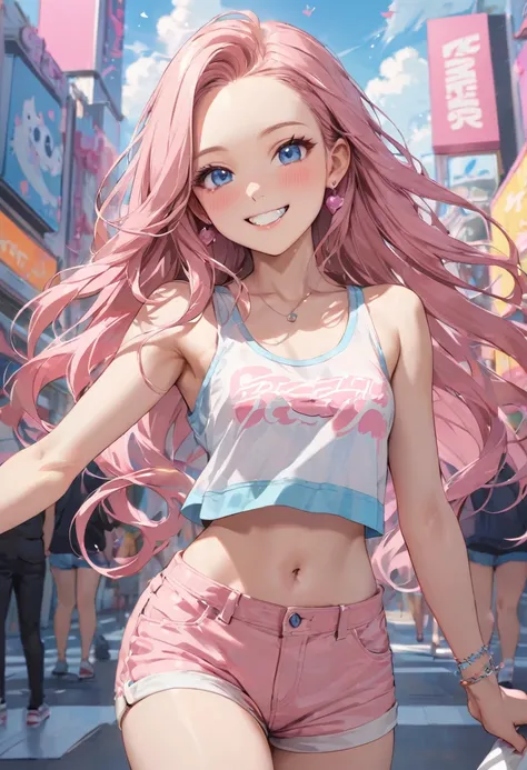 (pink style) (in a cute Tank top, Hot pants), (solo:2, 15 yo, forehead pink hair long hair lovely girl, cute blue eyes, grin smile), in the pop city, BREAK, perfect anatomy, masterpiece, best quality, 16k, beautiful detailed grow, daydreaming expression.