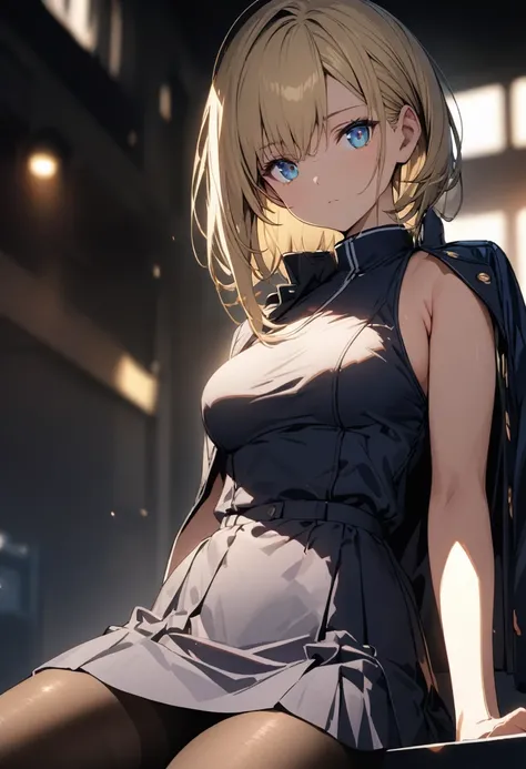 a pretty girl, solo,
blond hair, asymmetrical bob, blue eyes, bright eyes,
breasts,
jacket on shoulders, (high neck sleeveless), skirt, pantyhose,
expressionless, blurry background,
perfect lighting, (best quality), (extremely detailed)