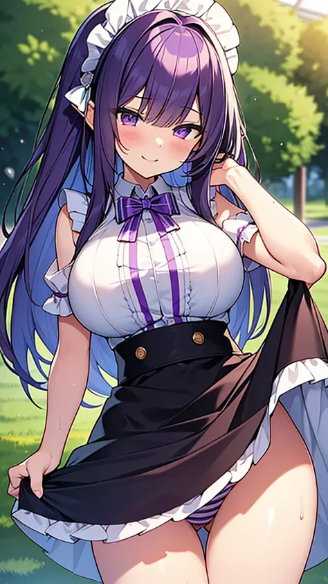 最high quality, high quality, 16K, Ultra-detailed details, pretty girl, alone, beautiful purple hair, Beautiful purple eyes, Big Breasts, A light smile, Summer clothes, Summer Maid clothes, Im lifting my skirt, Striped underwear, My crotch is wet with love ...