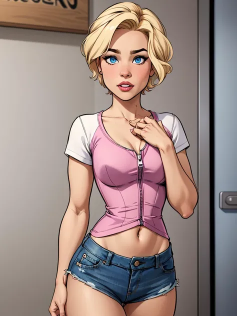 Young female, with blonde short hair, Blue eyes, With a pink, low-cut shirt  wearing short, tight denim shorts with the zipper open, comic style