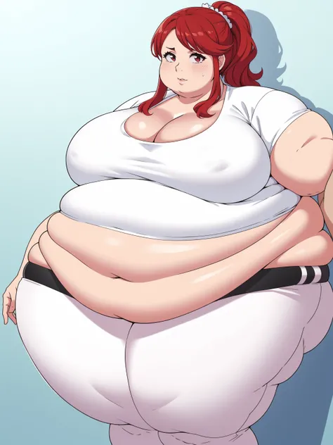 (Morbidly obese:1.1)anime woman, milf, large breasts, red hair, tight leggings white shirt cleavage seductive face Round face, double chin, fat chin, fat cheeks, fat neck, round face, SSBBW, flabby arms, round face, double chin, fat double chin, big double...