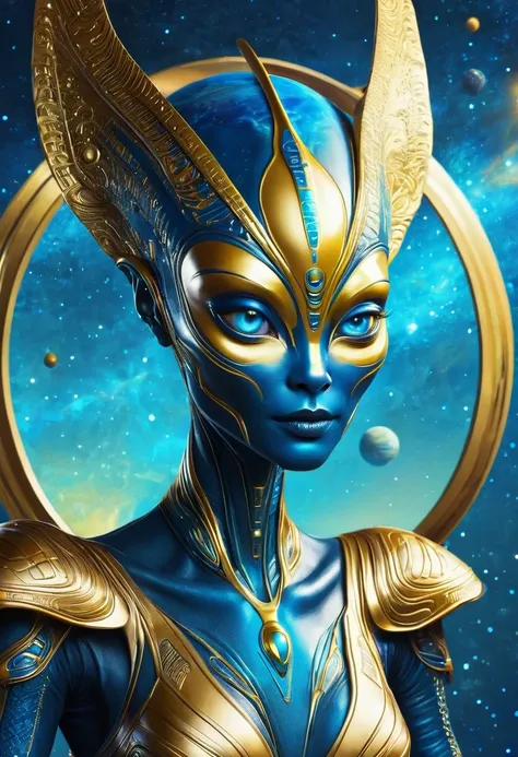 illustration，illustration，Golden Alien Portrait，Blue Background，Planet Decoration，Artistic Creativity:1.37