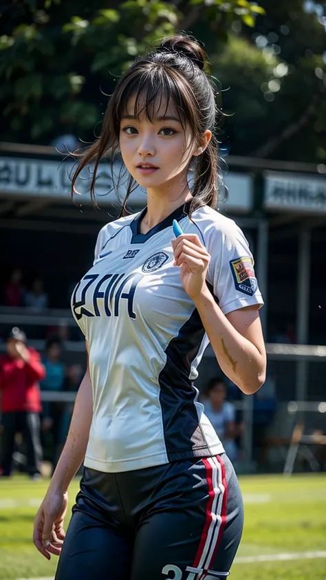 Highest quality, High resolution:1.2, Super detailed, Realistic:1.3, ((Beautiful woman))、((Ultra tight uniform))、((Big Breasts))、Vibrant colors, play soccer,((blunt bangs))、Has bangs、Wet Hair, Concentration, Splash, Action Shots, Grass blotches, Muddy grou...