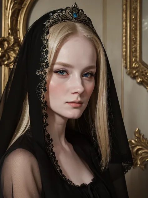 a blonde woman wearing black veil with a black dress and a black veil, in a high renaissance style, portrait , baroque portrait, in a renaissance style, realistic renaissance portrait,, inspired by Jean-Étienne Liotard, in renaissance style, renaissance po...