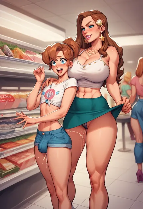 A most Beauty mother-in-law　tiny height, ,　shopping　Supermarket　brown Hair　long hair　girly hairpin　White knitted crop top　((Mother and teendaughter have the most beautiful breasts)),　micromini skirt　squat, broken home, gangs, (masterpiece), best quality, e...