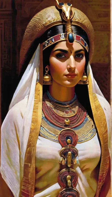 Femme mature ( 30 ans),  égyptienne, corps provoquant, très sexy , a lÉgypte antique, avec une très forte poitrine, a la peau de serpent, dans un temple égyptien, porte une robe rouge et maron couleur sable, moule le corps, vêtements transparent, femme ave...