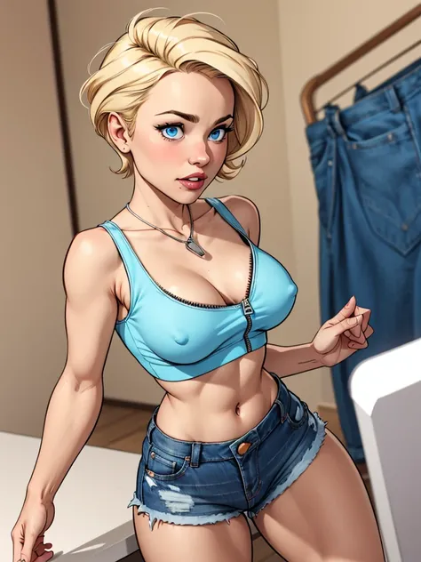 Young female, with blonde short hair, Blue eyes, wearing a tight blue tank top with a low neckline, wearing short, tight denim shorts with the zipper open, comic style