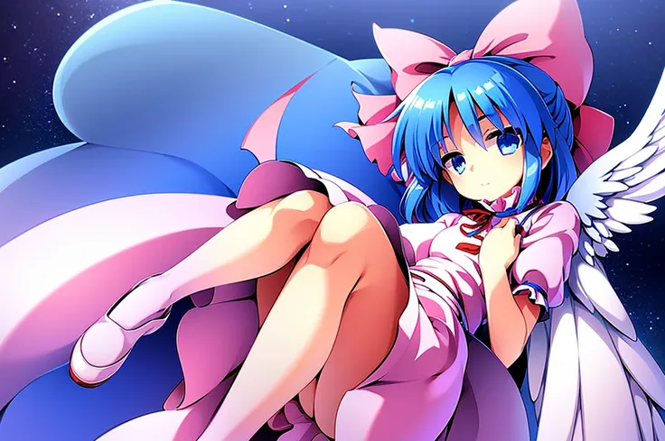 masterpiece, best quality, 1girl, , , 10 years old, medium blue hair, hair flaps, pink ribbon on head, well-formed face, blue eyes, angel girl, white blouse, puffy short sleeves, red ribbon, angel wings, long white skirt, red shoes, frills, ribbon head