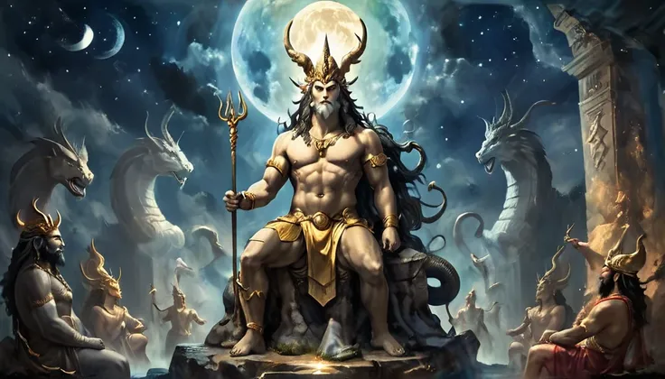 a painting of a statue of a man with a snake on his head, A huge celestial giant god, God, ancient god, Cernunnos, El God Emperador de la Humanidad, God of the moon, god shiva the destroyer, The Annunaki making humans, the god possessed, The god Zeus, Scul...