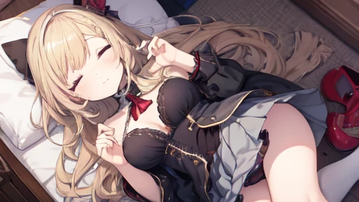 floor、Short skirt，Clothes with intricate details，pattern，Swimsuit，one person，blond，Sexy、Deep sleep、long hair、Stockings