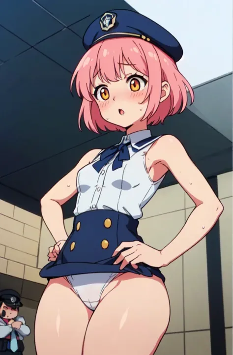 ((Table t○p, highest quality, Hi-Res Lucifer,Anime Screen Capture、Pixel perfect, 8k)))、nsfw、Perfect Anatomy、Female police officer、(((low length、Small breasts、Wide Hips、Wide hips、Thick thighs、Hands on Hips)))、(((Short Hair、Wavy Hair)))、Police Hat、(((シャツО、Sk...