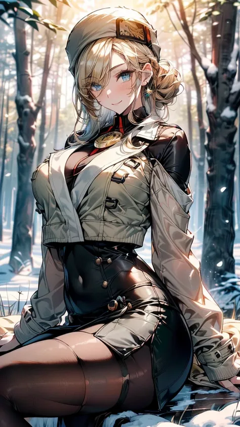 ((1 girl:1.5, playing around in snowy field in forest:1.37, sitting with rising knees:1.37)), nordic, ((matured girl wearing sex...