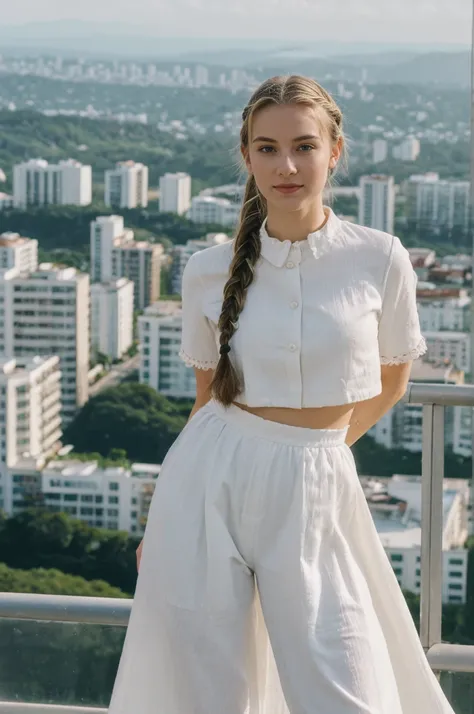 her name is Amelie, high quality, 1girl, ((20-year-old fit Caucasian woman)), ((20 years old)), ((fit)), ((Halo Braid)), pose: standing, wearing unique colored unique edgy gen Z modern wear, BACKGROUND: On top of Sugarloaf Mountain, looking out over the ci...