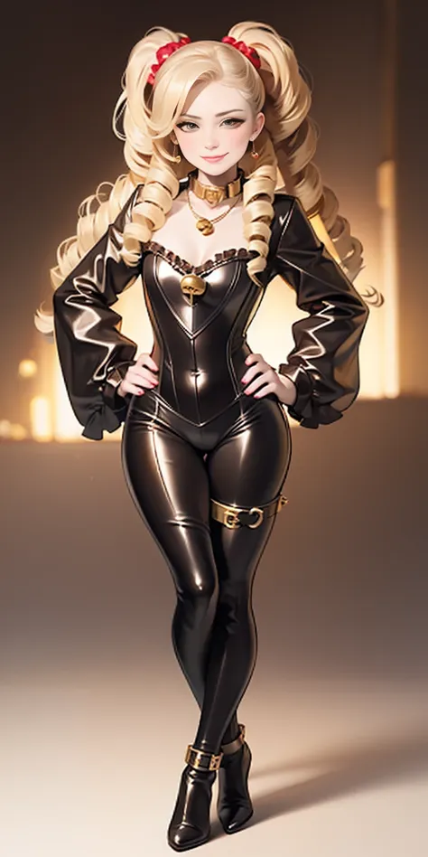 1solo Milf full body standing straight symmetrical, looking at viewer, hands on hips, twin drills twintails, striped pantyhose, golden handcuffs on their hands with a black leather collar around the golden heart necklace and black leather choker with golde...