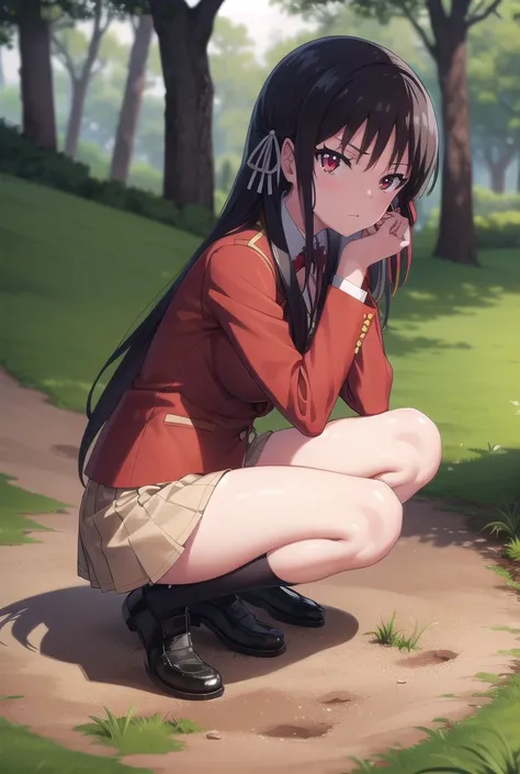 nsfw,Viewer Caution,suzune horikita, (Red eyes:1.3),Shade,Under the tree,in the forest,Show the whole body,front,squat,uniform,Red blazer,Hair Ribbon,Black knee-high socks,genital,genital丸見え