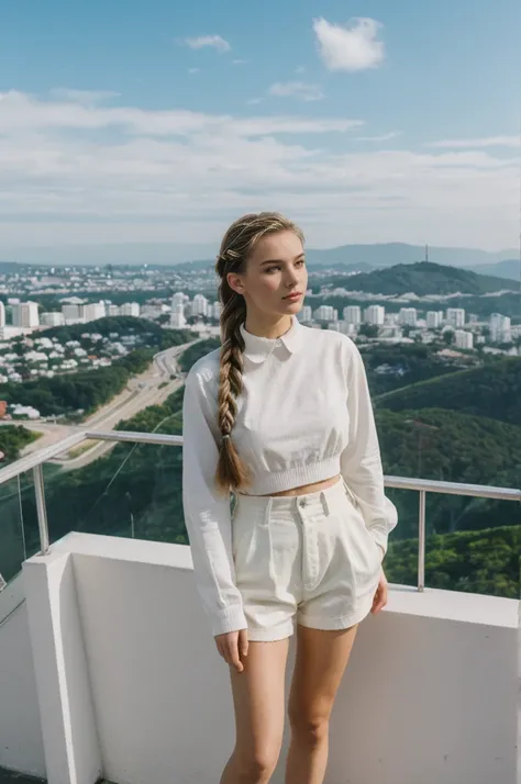 her name is Amelie, high quality, 1girl, ((20-year-old fit Caucasian woman)), ((20 years old)), ((fit)), ((Halo Braid)), pose: standing, wearing colored unique edgy Generation Z modern wear, BACKGROUND: On top of Sugarloaf Mountain, looking out over the ci...