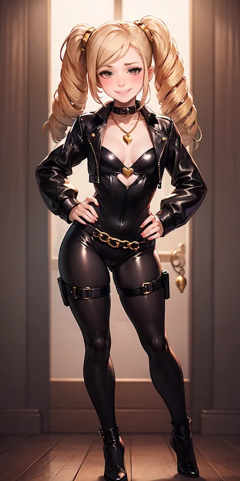 1solo Milf full body standing straight symmetrical, looking at viewer, hands on hips, twin drills twintails, striped pantyhose, golden handcuffs on their hands with a black leather collar around the golden heart necklace and black leather choker with golde...