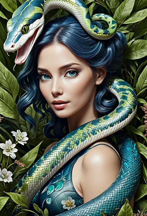 mechanical snakes，lifelike，Anthropomorphic snakes，Character setting，Ultra-detailed graphics，Delicate face，8K，magazine cover，Floral background decoration，Strong color contrast，Darker color，Blue, green and white