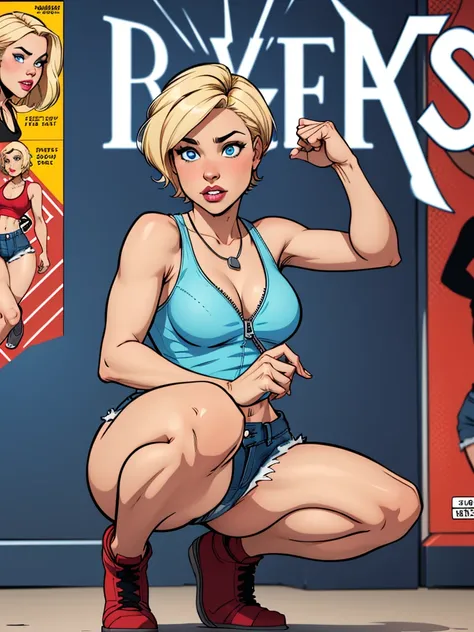 Young female, with blonde short hair, Blue eyes, wearing a tight blue tank top with a low neckline, wearing short, tight denim shorts with the zipper open, comic style squatting with your panties on