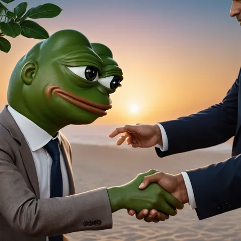 pepe the frog,frog humanoid character,shaking hands,business partner,detailed facial features,highly detailed,photorealistic,8k,hyper detailed,award winning lighting,cinematic lighting,dramatic lighting,incredible hyperrealistic details,exquisite detailed ...