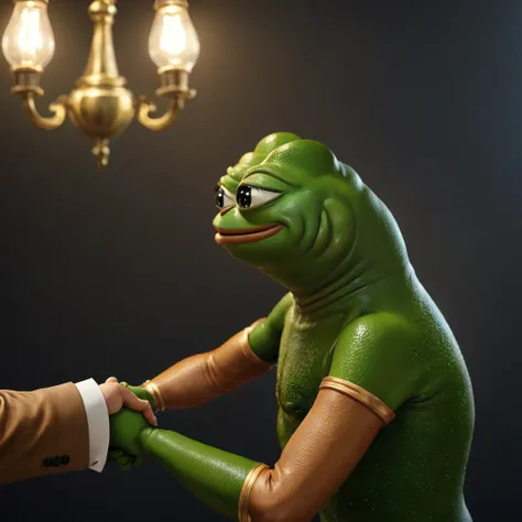 pepe the frog,frog humanoid character,shaking hands,business partner,detailed facial features,highly detailed,photorealistic,8k,hyper detailed,award winning lighting,cinematic lighting,dramatic lighting,incredible hyperrealistic details,exquisite detailed ...