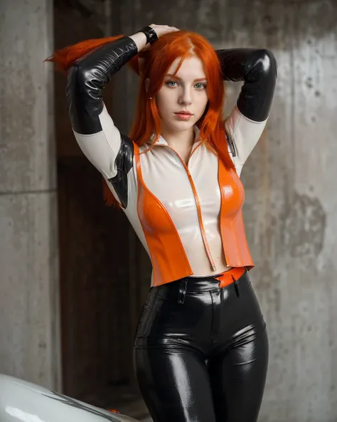 white woman white skin, Red hair, austrian woman, dressed in leather pants, wetlook leather pants, Orange blouse, looking to the camera, she is 20 years old.