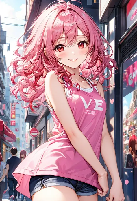 (pink style) (in a cute Tank top, Hot pants), (solo:2, 15 yo, curly:1.3 pink hair long hair lovely girl, cute red eyes, love smile), in the pop city, BREAK, perfect anatomy, masterpiece, best quality, 16k, beautiful detailed grow, daydreaming expression.